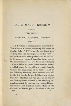 A Memoir of Ralph Waldo Emerson : In two Volumes, I