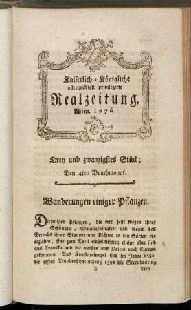 Drey und zwanzigstes Stück; Den 4ten Brachmonat. Wien, 1776.