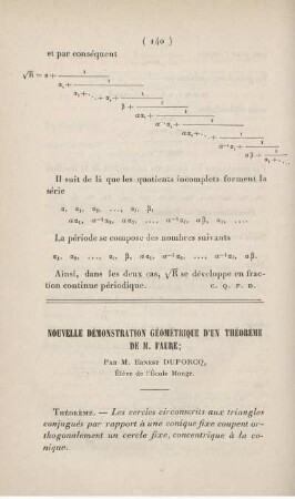 Nouvelle démonstration géométrique d'un théorème de M. Faure.