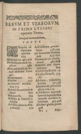 Rervm Et Verborvm In Primo Lvciani operum Tomo, Praecipue memorabilium, Index.