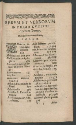 Rervm Et Verborvm In Primo Lvciani operum Tomo, Praecipue memorabilium, Index.