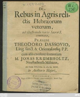 De Rebus in Agris relictis Hebraeorum veterum, ad illustranda varia Sacrae S. commata