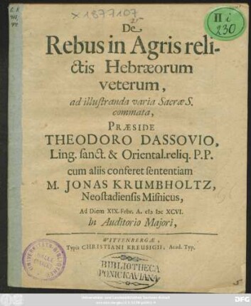 De Rebus in Agris relictis Hebraeorum veterum, ad illustranda varia Sacrae S. commata