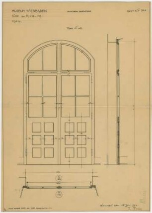 Fischer, Theodor; Wiesbaden; Museum - Tür zwischen Raum 122 u. 189 Typ 43 (Grundriss, Ansicht, Schnitt)