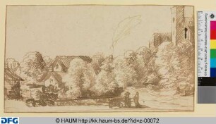 Landschaft mit Turm auf einem Hügel