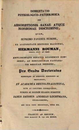 Diss. physiol.-pathol. de absorptionis sanae atque morbosae discrimine