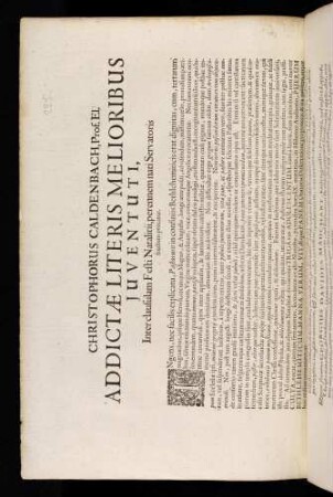 Christophorus Caldenbach, Prof. El. Addictae Literis Melioribus Juventuti, Inter clausulam Festi Natalitii, perennem nati Servatoris fructum precatur