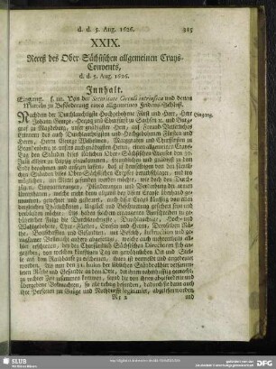 XXIX. Receß des Ober-Sächsischen allgemeinen Crays-Convents, d. d. 5. Aug. 1626