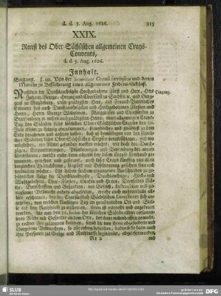 XXIX. Receß des Ober-Sächsischen allgemeinen Crays-Convents, d. d. 5. Aug. 1626