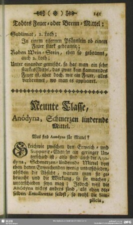 Neunte Classe, Anódyna, Schmerzen lindernde Mittel