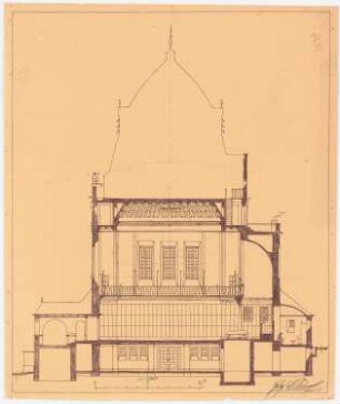 Friedhof Heerstraße, Berlin Feierhalle: Längsschnitt (Innenraum nach Südwest) 1:100, Maßstabsleiste