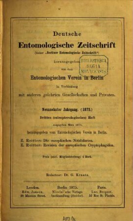 Deutsche entomologische Zeitschrift : an international journal of systematic entomology ; Mitteilungen aus dem Museum für Naturkunde in Berlin. 19,3/7, 19,3/7. 1875
