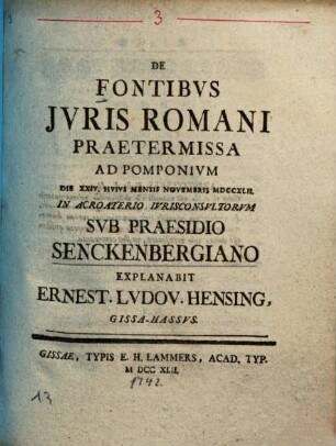 De Fontibvs Jvris Romani Praetermissa Ad Pomponivm