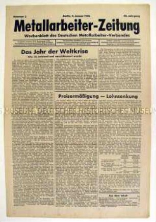Wochenzeitung des Deutschen Metallarbeiter-Verbandes u.a. zur Weltwirtschaftskrise