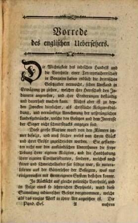 Gesetzbuch der Gentoos; oder Sammlung der Gesetze der Pundits : nach einer persianischen Uebersetzung des in der Schanscrit-Sprache geschriebenen Originales