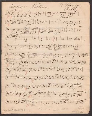 Otello, vl, pf, Excerpts, Arr - BSB Mus.Schott.Ha 1329-2 : [heading:] Overture. Violino. G. Rossini, // Otello. [at bottom of page, with pencil:] 118 E.) // 885 F./