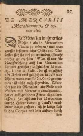 De Mercuriis Metallorum, & eorum Oleis.