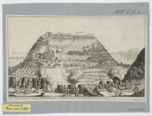 Ansicht der Belagerung von Rothenberg, Radierung, 1703 : Die belägerung des Vestung Rothenberg : von dem Haubt Quartier Rollhofen an zu sehen anno 1703 / Boener ex. - [S.l.] , [ab 1703]. - 1 Ansicht : Radierung ; 29 x 18 cm. Fußt.