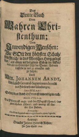 Das Dritte Buch Vom Wahren Christenthum; Vom Inwendigen Menschen