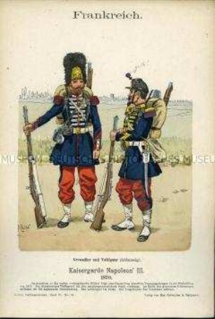 Uniformdarstellung, Grenadier und Voltigeur der Kaisergarde, Zweites Kaiserreich Frankreich, 1870.