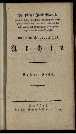 1: Dr. Philipp Jacob Piderits Practische Annalen vom Militair-Lazareth zu Cassel