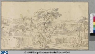 Landschaft mit Getreidefeld vor einem Dorf