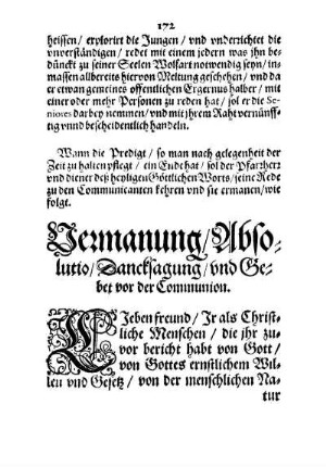 Vermanung/ Absolutio/ Dancksagung/ und Gebet vor der Communion.