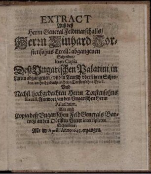 Extract Auß deß Herrn Linhard Torstensohns Excell: abgangenen Schreiben