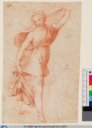 Schreitende Psyche, flankiert von einer weiblichen Figur und einem Putto