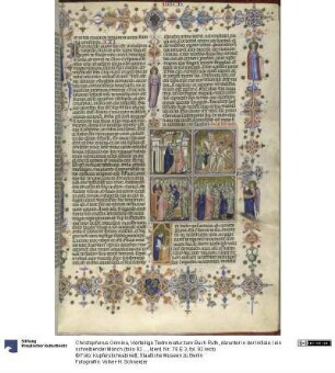 Vierteilige Textminiatur zum Buch Ruth, darunter in der Initiale I ein schreibender Mönch (folio 92 recto der "Hamilton-Bibel")