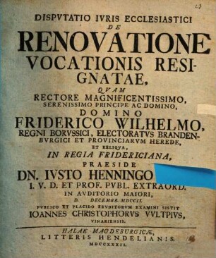 Disputatio Iuris Ecclesiastici De Renovatione Vocationis Resignatae