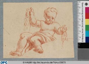 Sitzender Putto mit Girlanden in den Händen