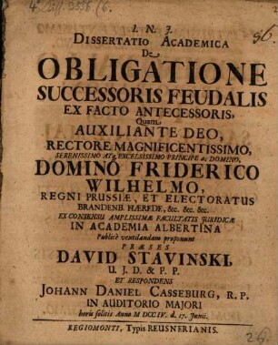 Diss. acad. de obligatione successoris feudalis ex facto antecessoris