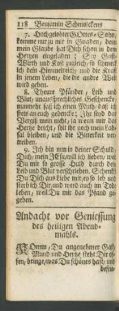 Andacht vor Geniessung des heiligen Abendmahls