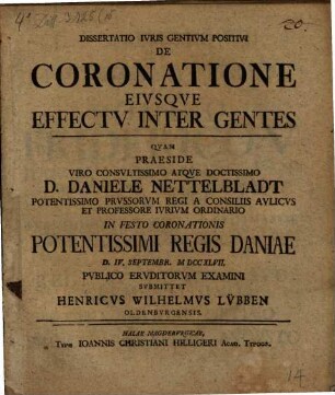 Dissertatio Ivris Gentivm Positivi De Coronatione Eivsqve Effectv Inter Gentes