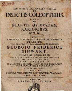 Dissertatio Inavgvralis Medica De Insectis Coleopteris, Nec Non De Plantis Qvibvsdam Rarioribvs : Cvm Ic.