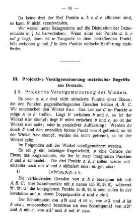 III. Projektive Verallgemeinerung metrischer Begriffe am Dreieck.