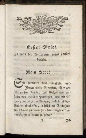 Erster Brief. In was der Reichthum eines Landes bestehe
