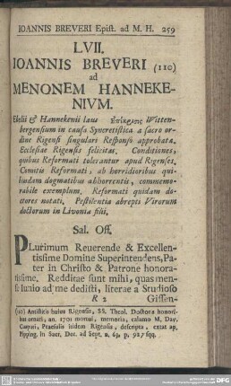 LVII. Ioannis Breueri ad Menonem Hannekenium