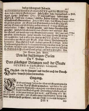 Die V. Predigt/ Dero gläubiges Verlangen nach der Gnade Gottes in Christo/ betrachtend.