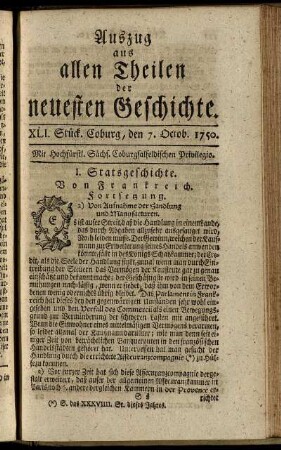 XLI. Stück. Coburg, den 7. Octob. 1750.