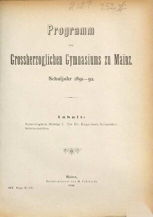 Programm des Großherzoglichen Gymnasiums zu Mainz : Schuljahr .... 1891/92