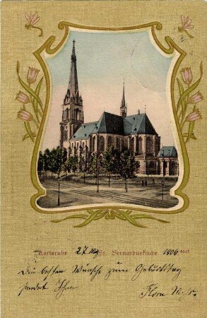 Postkartenalbum mit Motiven von Karlsruhe. "Karlsruhe. St. Bernharduskirche"