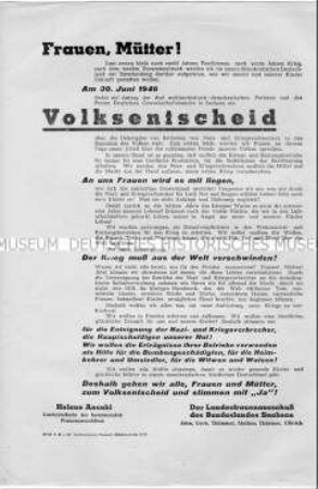 Aufruf des Landesfrauenausschusses Sachsen, beim Volksentscheid 1946 für die Enteignung der Nazi-und Kriegsverbrechern zu stimmen