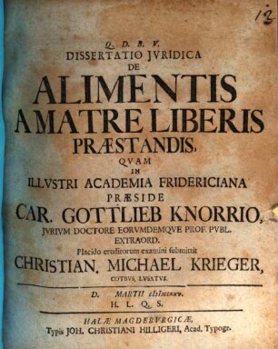 Dissertatio juridica de alimentis, a matre liberis praestandis