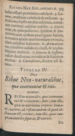 Titulus IV. De Rebus Non-naturalibus, quae excernuntur & retinentur