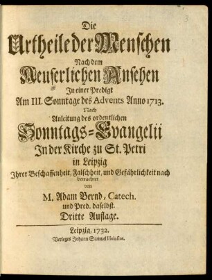 Die Urtheile der Menschen Nach dem Aeuserlichen Ansehen