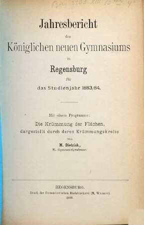Jahresbericht : für das Schuljahr .... 1883/84