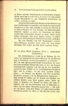18. An den Herrn Major Jungmann, Ritter r.c., hochwohlgeb. (Eigenhändig.)