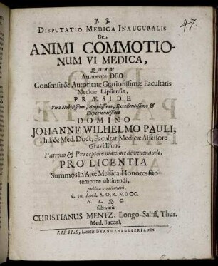 Disputatio Medica Inauguralis De Animi Commotionum Vi Medica